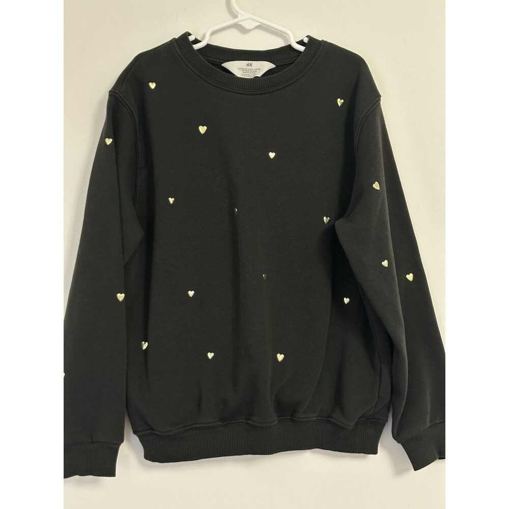 H&M Girls (8/10) Black Pullover Crewneck Sweatshirt With Gold hearts